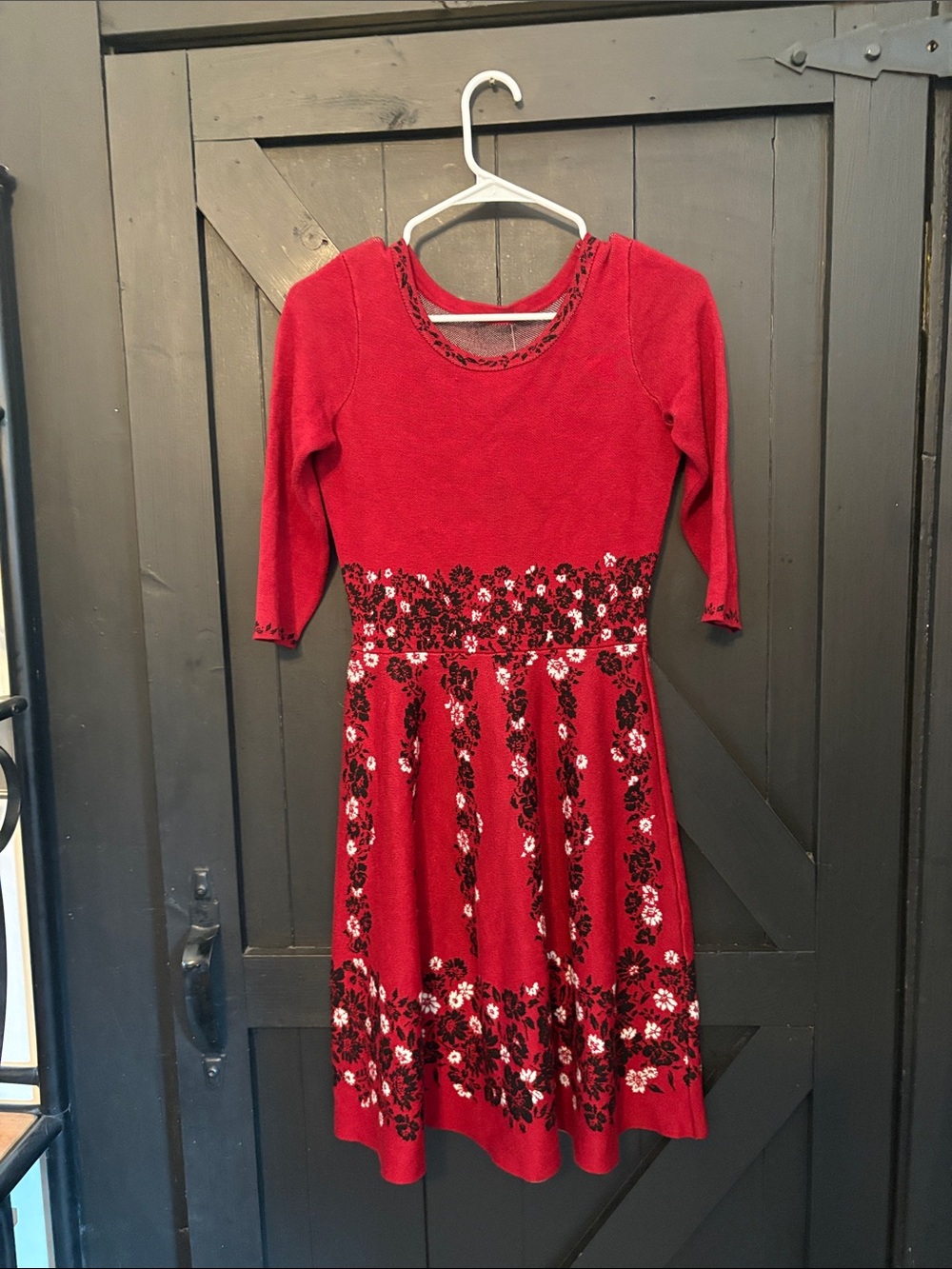 Taylor Red Floral Knit Midi Dress with Black & White Floral Trim